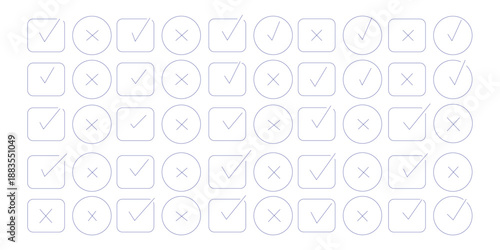 Check tick mark icon set. Cross box x check mark checkbox list vector draw hand drawn sketch doodle brush marker checklist symbol wrong right circle. hand drawn, grunge X sign. hand drawn tick