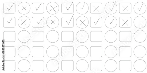 Check tick mark icon set. Cross box x check mark checkbox list vector draw hand drawn sketch doodle brush marker checklist symbol wrong right circle. hand drawn, grunge X sign. hand drawn tick