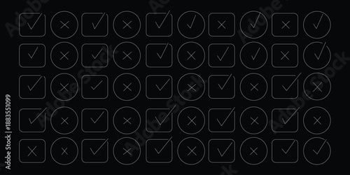 Check tick mark icon set. Cross box x check mark checkbox list vector draw hand drawn sketch doodle brush marker checklist symbol wrong right circle. hand drawn, grunge X sign. hand drawn tick