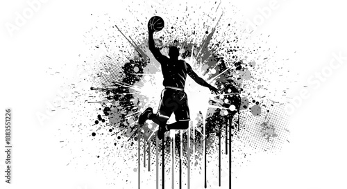 Dynamic Basketball Player in Action with Splatter Effect.