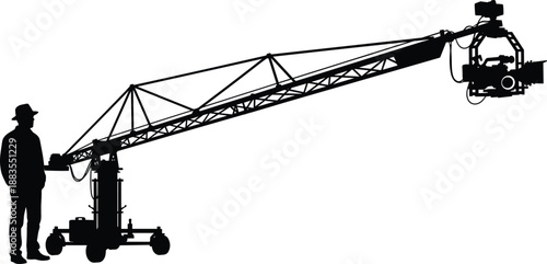 Camera crane operator silhouette filming movie scene, professional video production equipment, cinematography and filmmaking industry concept isolated on white background