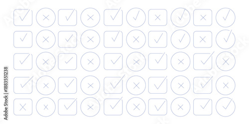 Check tick mark icon set. Cross box x check mark checkbox list vector draw hand drawn sketch doodle brush marker checklist symbol wrong right circle. hand drawn, grunge X sign. hand drawn tick