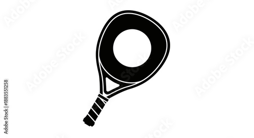 Black and white illustration of a tennis racket on a white background.