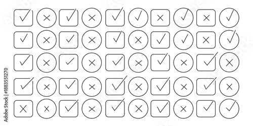 Hand drawn check mark icon set. tick, cross signs for checkbox, checklist, v and x in sketch doodle brush marker checklist symbol. grunge brush style vector 