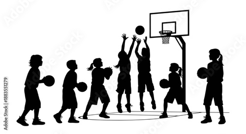 Silhouettes of basketball players in action on the court.