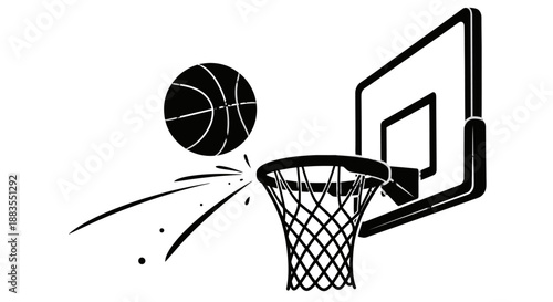 Black and white illustration of a basketball going through a hoop.