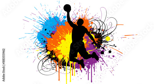 Silhouette of a basketball player dunking with colorful paint splatters.