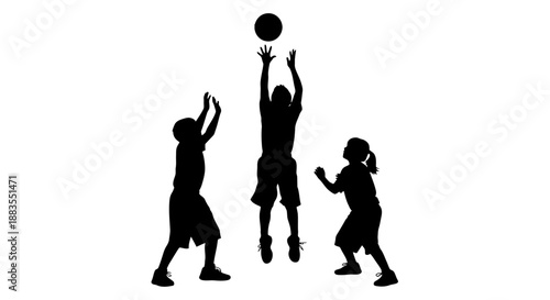 Three basketball players in action silhouette.