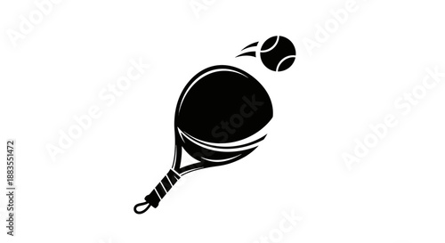 Black tennis racket hitting a tennis ball.