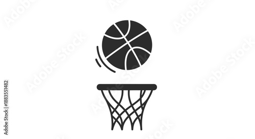 Simple black basketball going through hoop net icon.