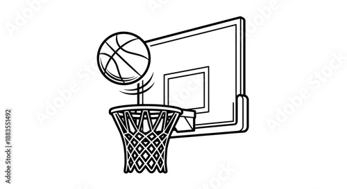 Simple black and white illustration of a basketball going into a hoop.