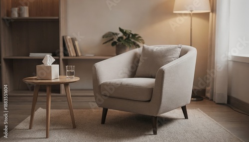 Softly focused medium shot of an ambulatory counseling rooms individual therapy area showcasing a single armchair centered amid muted décor and soft lighting.
