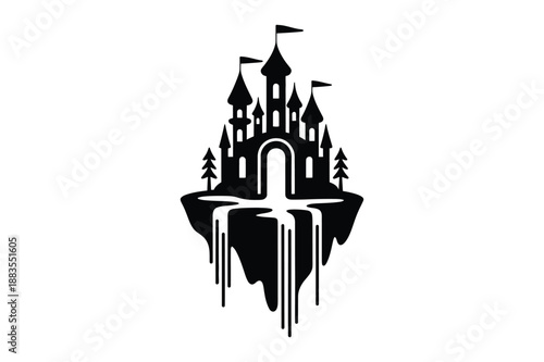 Fantasy castle on floating island with waterfalls, magical landscape