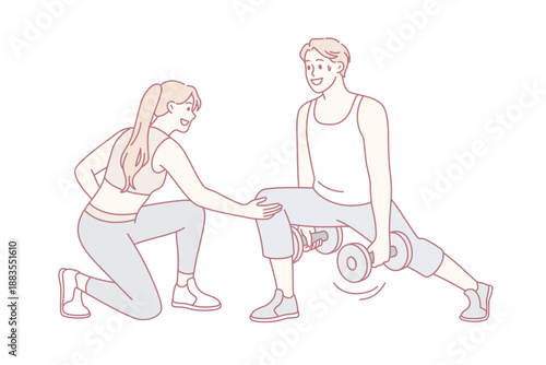 Sports training with coach concept. Young girl sport coach making right position of mans legs athlete making squats with dumbbels in gym during training vector illustration