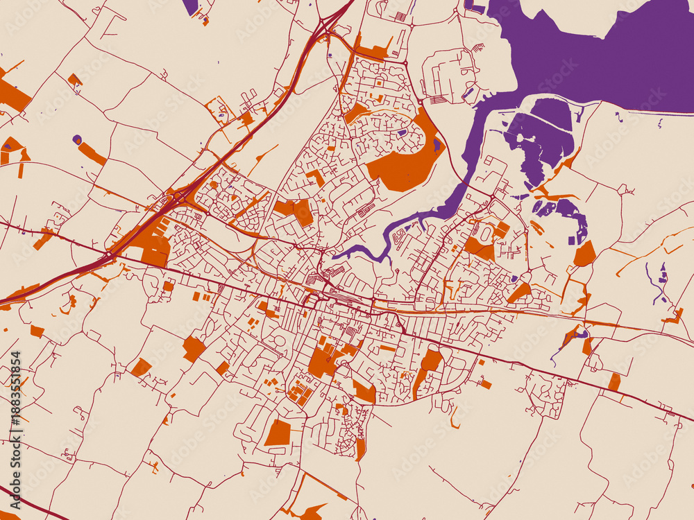 Naklejka premium City map of Sittingbourne, United Kingdom — soft cream background with burgundy street lines, warm terracotta land blocks and muted violet water