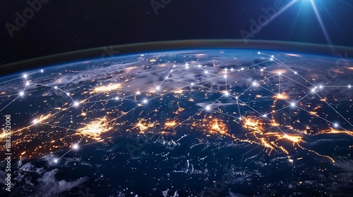 Global abstract illustration of a scientific data network enveloping earth, symbolizing connectivity