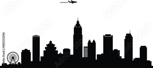 Modern city skyline silhouette with airplane flying above urban skyscrapers and ferris wheel isolated on white background vector