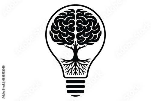 Lightbulb with brain and tree roots, idea and knowledge concept