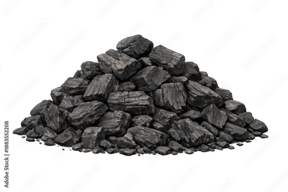 Obraz premium Coal pile forming a heap, raw fossil fuel for energy and industry, dark carbon material, transparent background