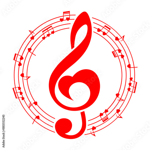Heart shape music treble clef and notes, round musical element, vector illustration.