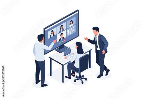 Isometric vector illustration of business team reviewing online meeting dashboard, virtual collaboration, remote teamwork, digital communication and corporate management concept