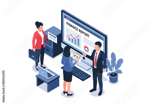 Isometric vector illustration of business professionals reviewing finance report dashboard, revenue expense profit analysis, corporate accounting and strategic financial planning concept