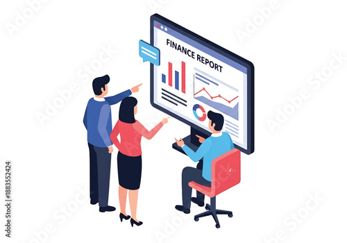 Isometric vector illustration of business professionals reviewing finance report dashboard, revenue expense profit analysis, corporate accounting and strategic financial planning concept