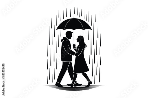 Couple sharing umbrella in the rain, romantic walk