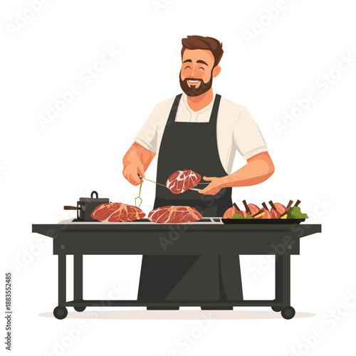 Smiling Chef Preparing Fresh Meat with Citrus Garnish