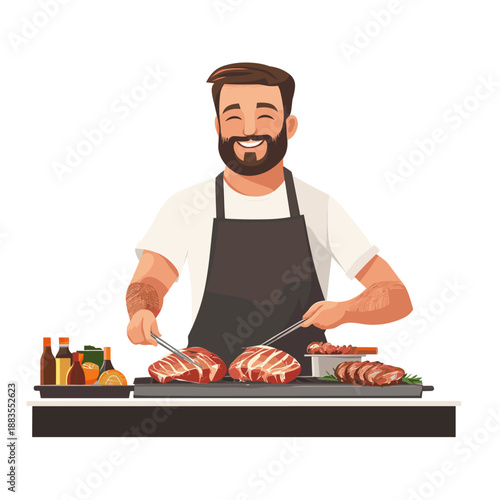 Smiling Chef Preparing Fresh Meat with Citrus Garnish