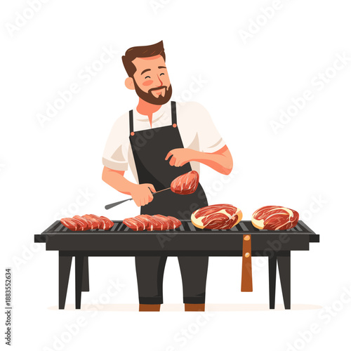 Smiling Chef Preparing Fresh Meat with Citrus Garnish