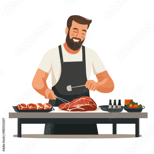 Smiling Chef Preparing Fresh Meat with Citrus Garnish