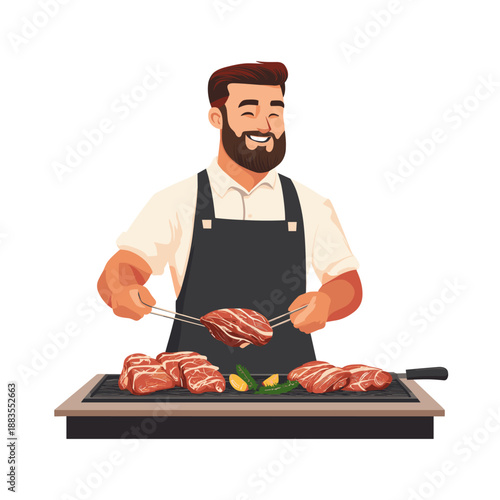 Smiling Chef Preparing Fresh Meat with Citrus Garnish