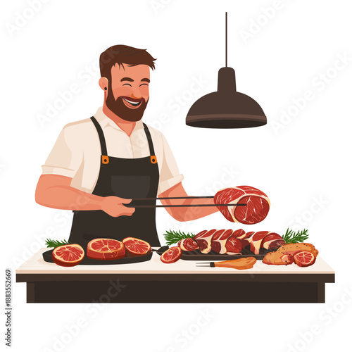 Smiling Chef Preparing Fresh Meat with Citrus Garnish