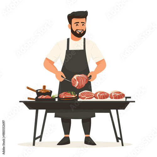 Smiling Chef Preparing Fresh Meat with Citrus Garnish