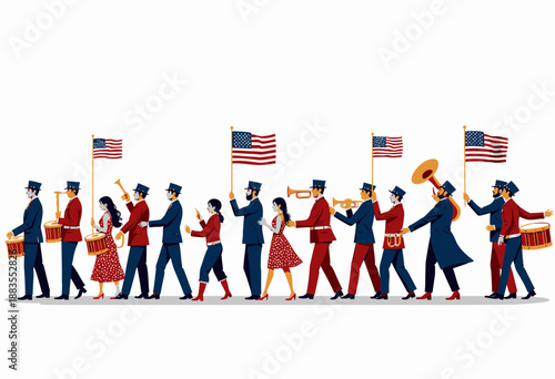 Colorful parade with musicians and dancers in vibrant attire, holding flags and playing brass instruments, evoking a festive and patriotic atmosphere
