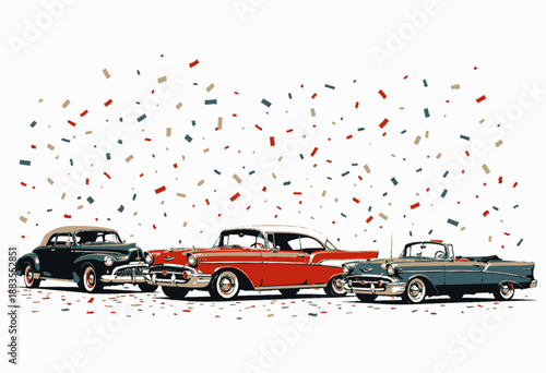 A vivid display of classic vintage cars lined up against a backdrop of colorful confetti, highlighting the elegance and charm of mid-20th century automotive design.