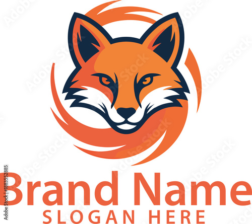 Vibrant orange fox head logo with swirling motion and placeholder text on white background for branding
