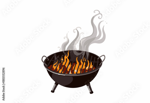Illustration of a Round Charcoal Grill with Flames and Rising Smoke on a White Background Highlighting Outdoor Cooking Experience