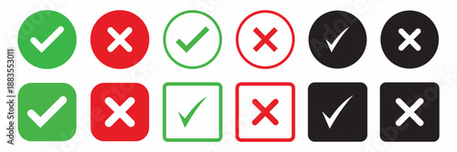 Check mark icon set. Check box icon with right and wrong buttons and yes or no checkmark icons in green tick box and red cross. vector illustration. Best Design. EPS 10.