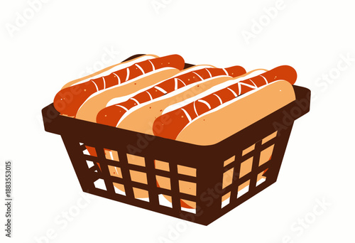Brown Basket Filled with Grilled Hotdogs Topped with Mustard and Ketchup on Fresh Buns Ready for a Picnic or Barbecue Party Snack