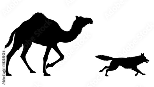 Contrasting Silhouettes of a Robust Camel and a Dynamic Wild Dog on White Background