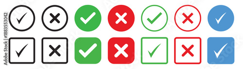 Check mark icon set. Check box icon with right and wrong buttons and yes or no checkmark icons in green tick box and red cross. vector illustration. Best Design. EPS 10.