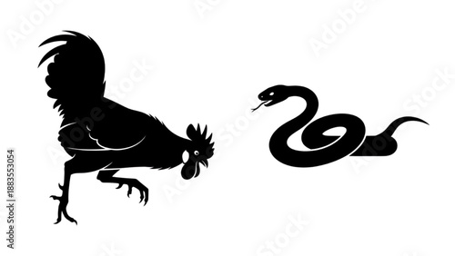 Rooster and Snake Silhouettes Fighting - A Clash of Animal Nature
