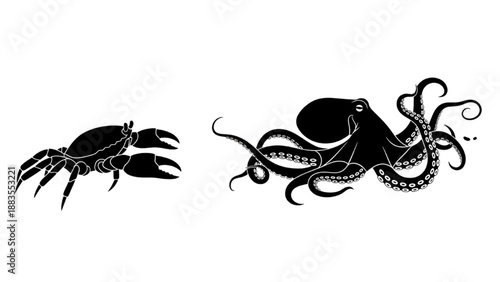 Elegant black vector silhouettes of an ocean octopus and a formidable crab