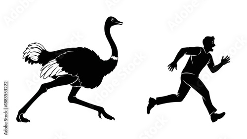 Dynamic Silhouettes Man and Ostrich Sprinting in a High-Stakes Race