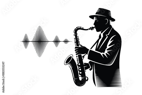 Saxophonist Playing Music Silhouette with Soundwaves