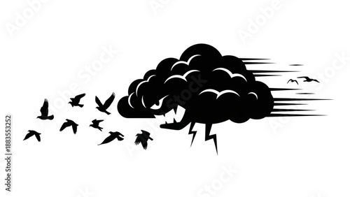 Flock of birds swiftly escaping a powerful, fast-approaching storm cloud with lightning