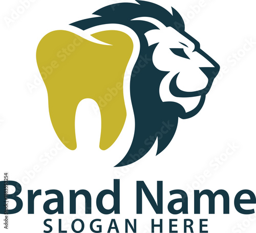 Dental logo with lion head and tooth symbolizing strength and oral health care services