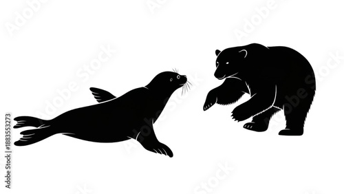 Dynamic wildlife encounter between a curious seal and a powerful polar bear silhouette